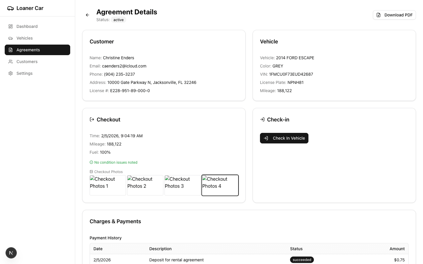 Agreement detail page with customer info, vehicle details, and payment history