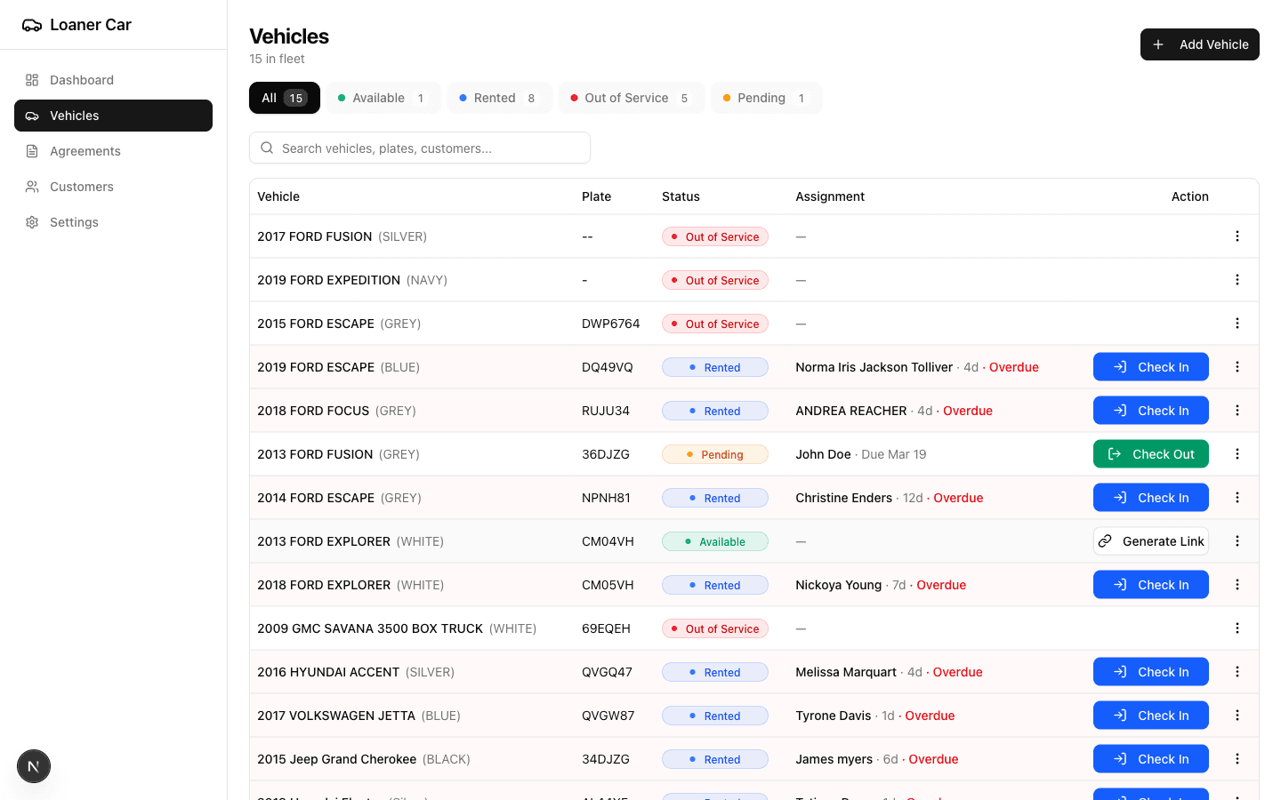 Vehicle fleet list with status indicators and quick actions